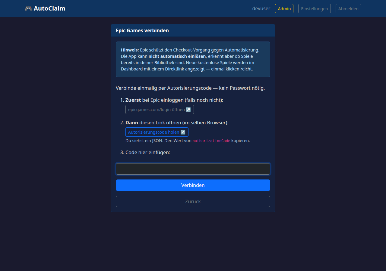 Epic Games mit AutoClaim verbinden